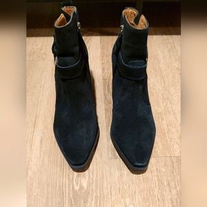 Peatrie Black Suede Western Ankle Boot Chunky Square Toe Buckle Platform